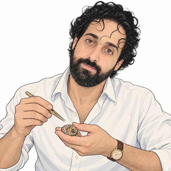 Mr P, an illustrated man with black curly hair and beard, holding tweezers and a small watch movement